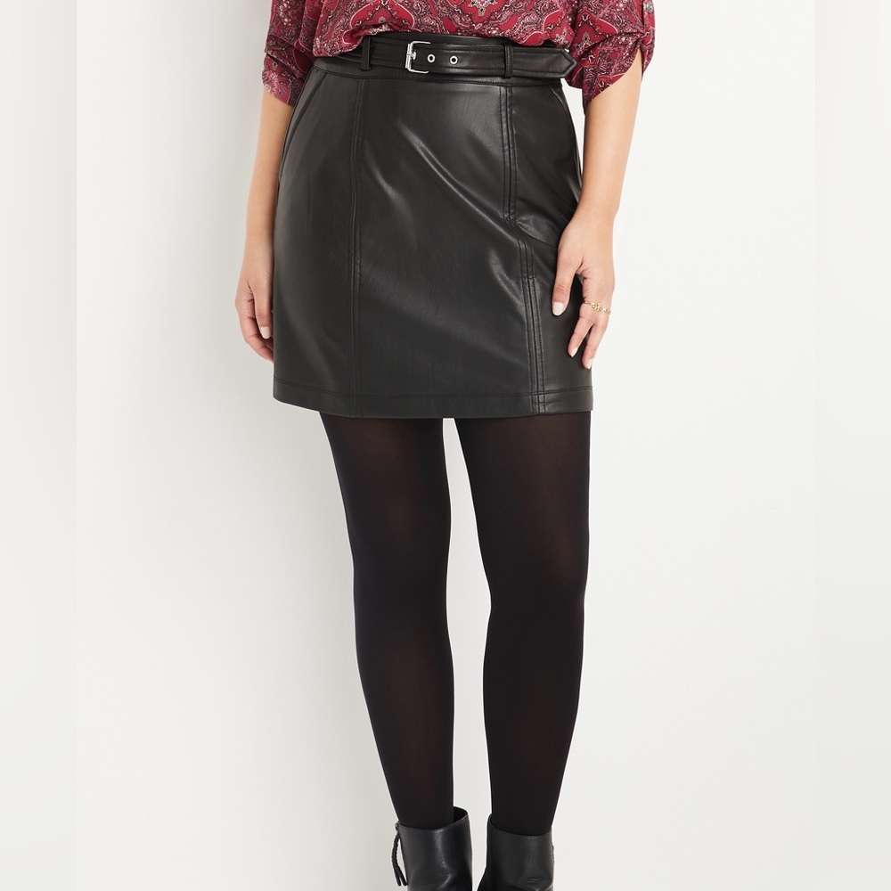 Black Faux Leather Belted Skirt